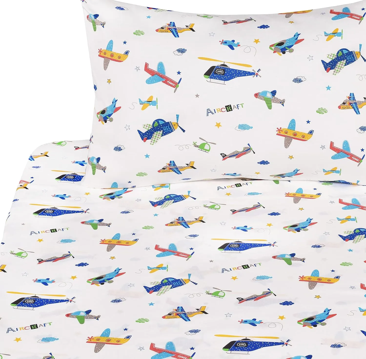 Plane Airplane Aircraft Helicopter Cartoon Twin Sheet Set Bedroom Decoration Gift 100% Cotton Flat Sheet   Fitted Sheet   Pillowcase Bedding Set for Unisex Boys Girls (Airplane, Twin)