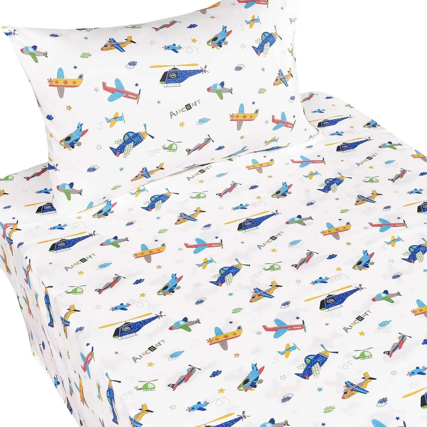 Plane Airplane Aircraft Helicopter Cartoon Twin Sheet Set Bedroom Decoration Gift 100% Cotton Flat Sheet   Fitted Sheet   Pillowcase Bedding Set for Unisex Boys Girls (Airplane, Twin)