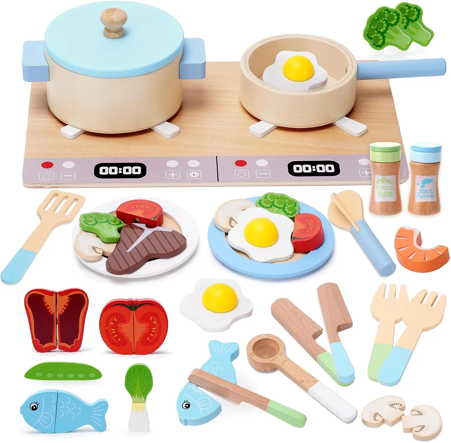 Play Kitchen Accessories, Wooden Play Cooking Set, Pretend Play Kitchen Set for Kids, Including Stove, Cookware Pots and Pans, Cooking Utensils Playset, ​Cutting Food Playset for Girls Boys Toddler