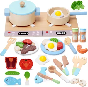 Play Kitchen Accessories, Wooden Play Cooking Set, Pretend Play Kitchen Set for Kids, Including Stove, Cookware Pots and Pans, Cooking Utensils Playset, ​Cutting Food Playset for Girls Boys Toddler