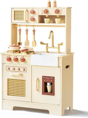 Play Kitchen for Kids, Wooden Play Kitchen Set with Realistic Features, Small Play Kitchen Toy Designed Ideal for Toddlers, for Ages 3 