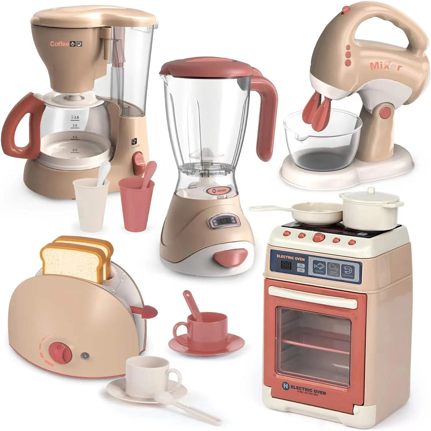 Play Kitchen Toys, Pretend Play Kitchen Appliances Toy Set with Coffee Maker, Mixer, Toaster with Realistic Lights& Sounds, Birthday Gift for Kids Ages 3-5 4-6 6-8 (Khaki)