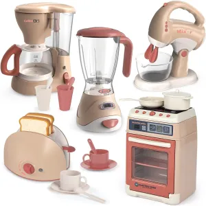 Play Kitchen Toys, Pretend Play Kitchen Appliances Toy Set with Coffee Maker, Mixer, Toaster with Realistic Lights& Sounds, Birthday Gift for Kids Ages 3-5 4-6 6-8 (Khaki)