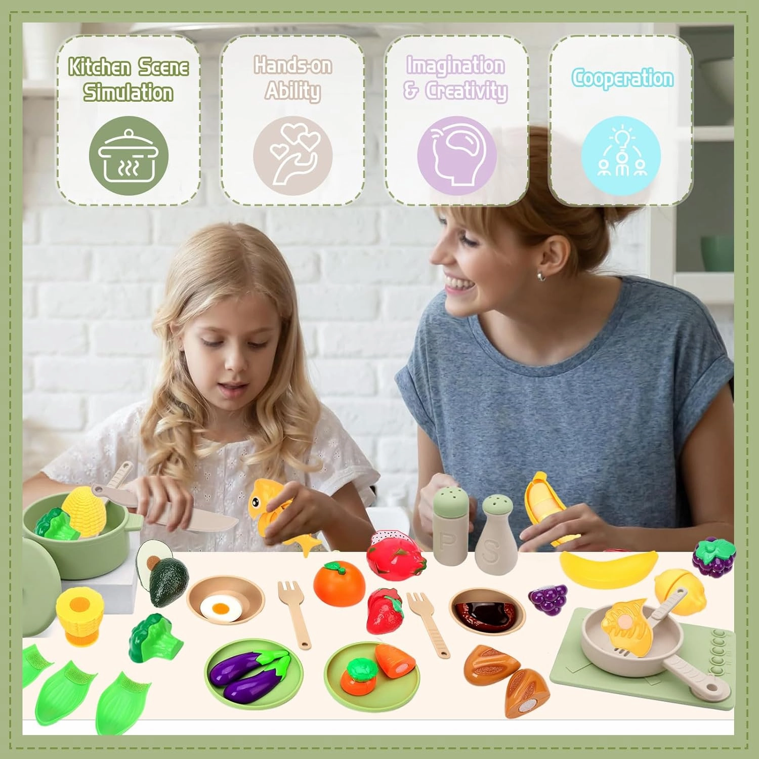 Play Kitchen Accessories, Silicone Pretend Play Kitchen Toys Set, Play Kitchen Pots and Pans Set for Kids, Learning Education Cooking Toys for Girls and Boys(Green)