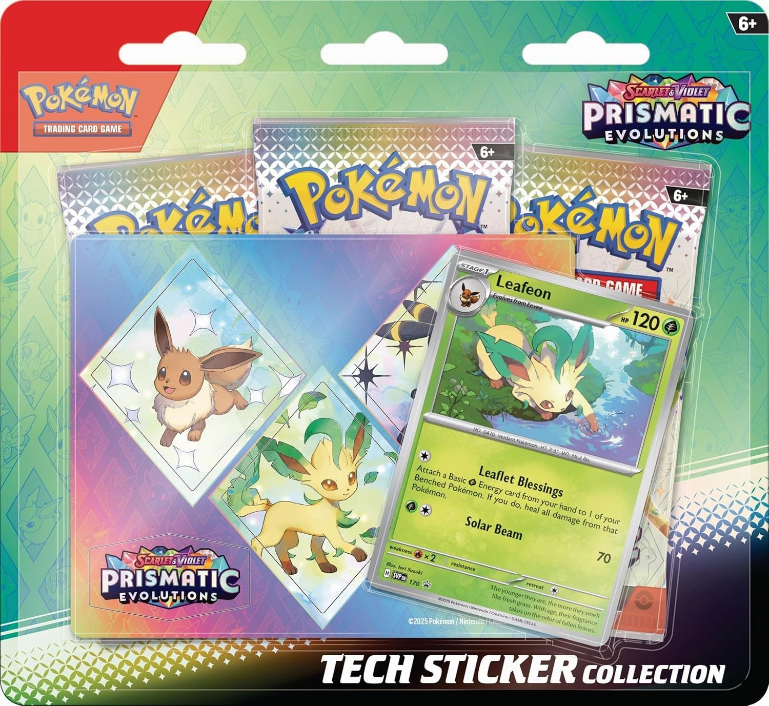 Pokémon TCG: Scarlet & Violet—Prismatic Evolutions Tech Sticker Collection – Leafeon (1 Foil Promo Card & 3 Booster Packs)