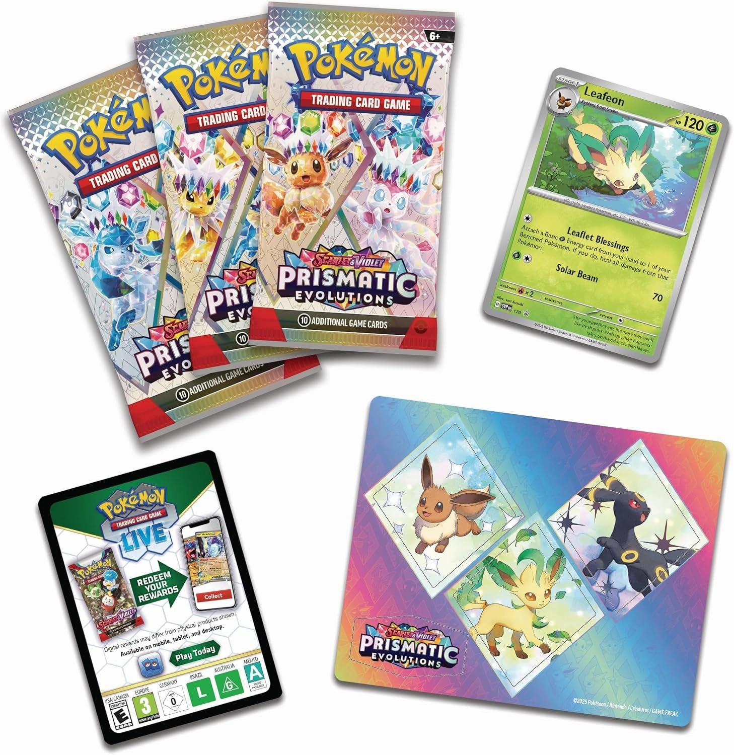 Pokémon TCG: Scarlet & Violet—Prismatic Evolutions Tech Sticker Collection – Leafeon (1 Foil Promo Card & 3 Booster Packs)