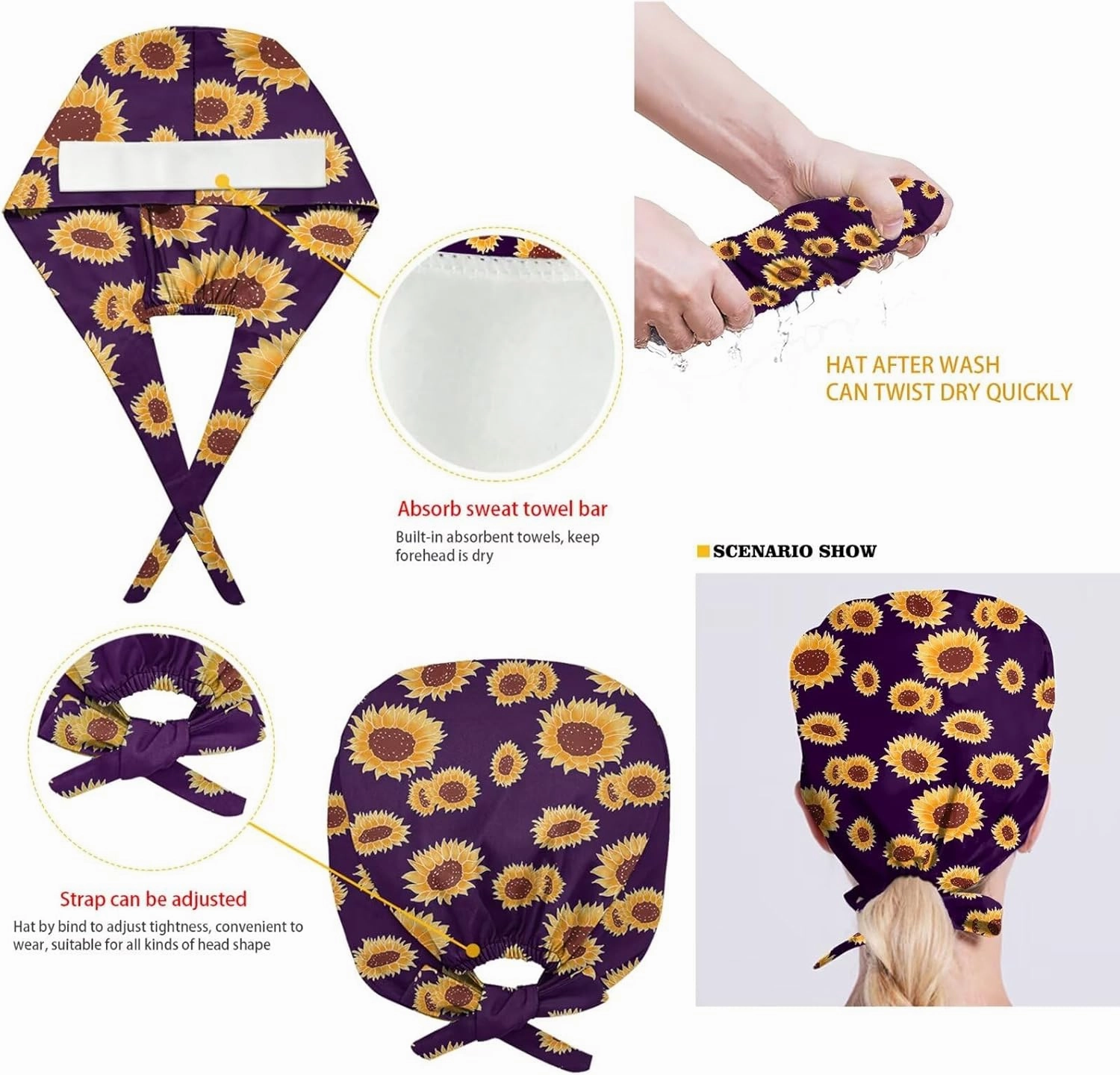 POLERO Holiday Scrub Hats with Sweatband Fashion Hair Covering Party Headgear Cap Set of 5