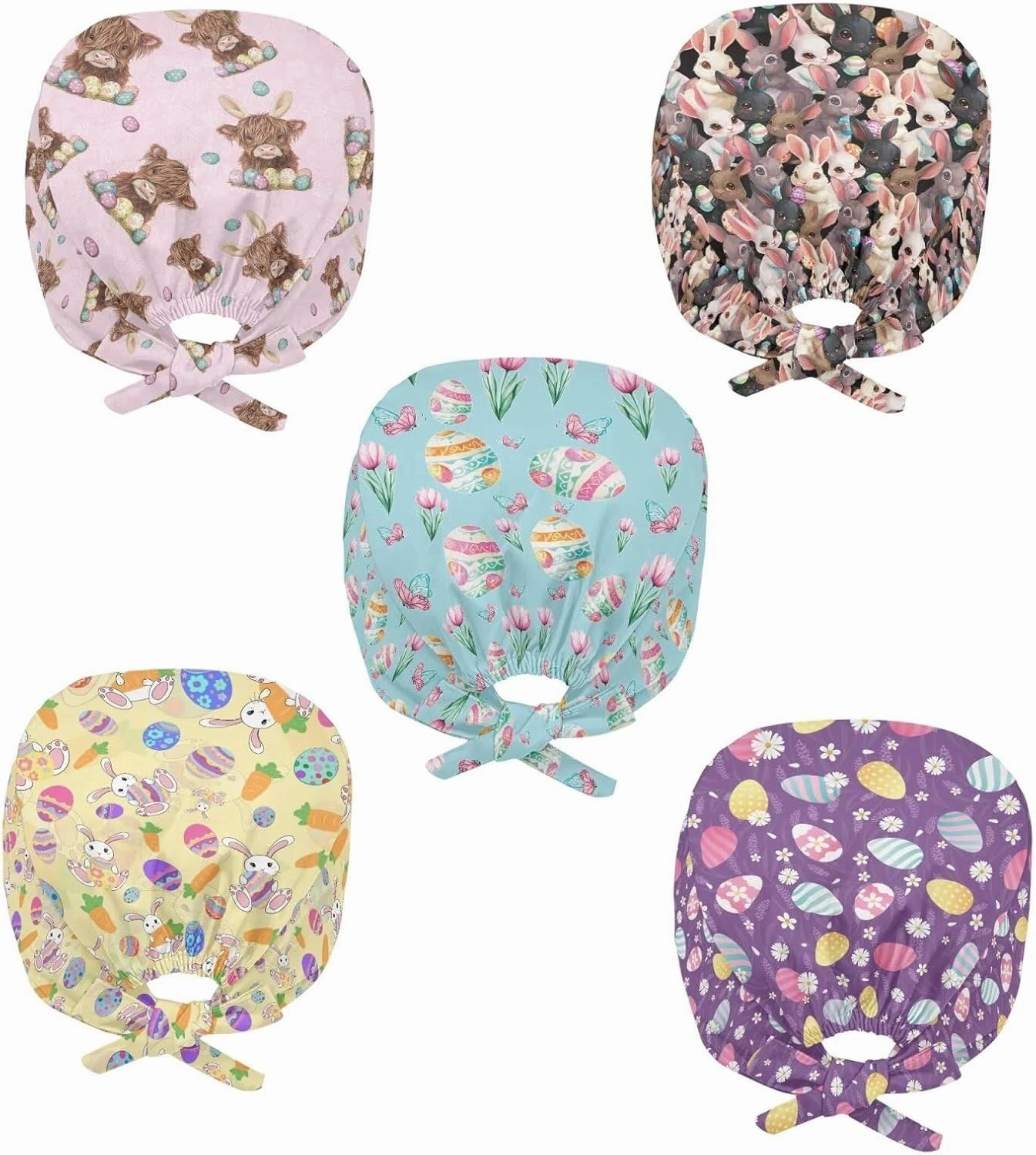 POLERO Holiday Scrub Hats with Sweatband Fashion Hair Covering Party Headgear Cap Set of 5