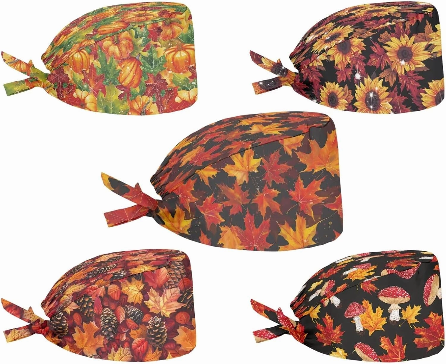 POLERO Holiday Scrub Hats with Sweatband Fashion Hair Covering Party Headgear Cap Set of 5