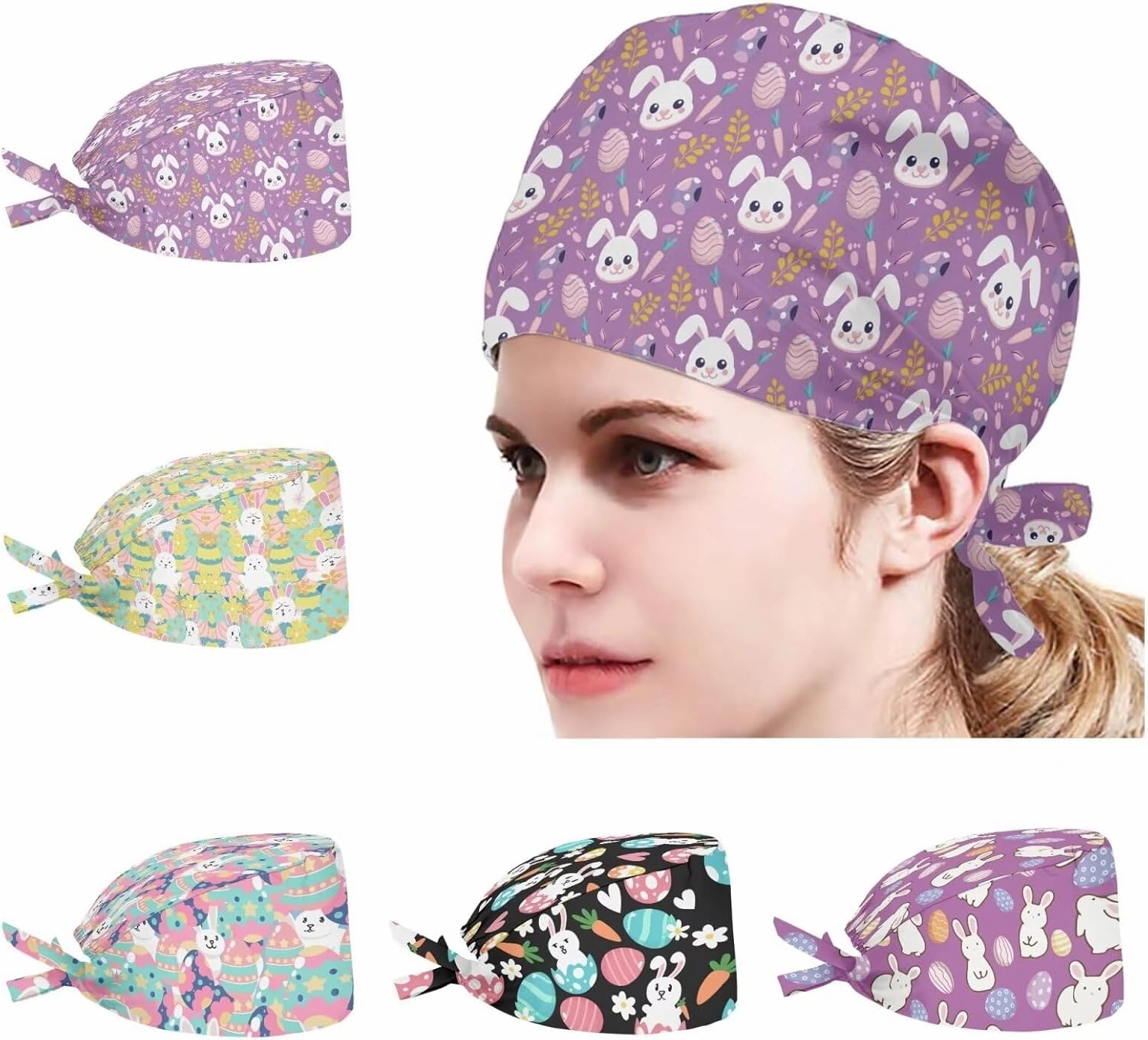 POLERO Holiday Scrub Hats with Sweatband Fashion Hair Covering Party Headgear Cap Set of 5