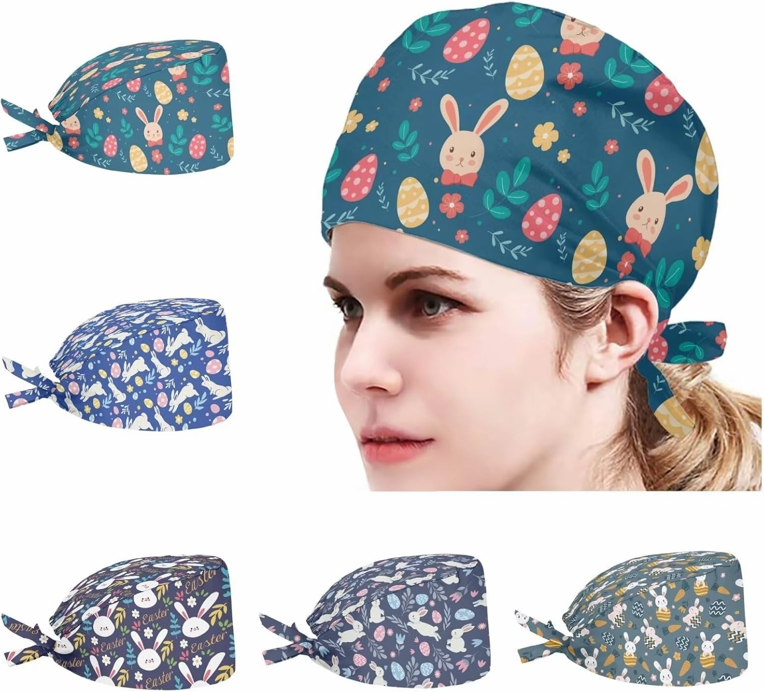 POLERO Holiday Scrub Hats with Sweatband Fashion Hair Covering Party Headgear Cap Set of 5