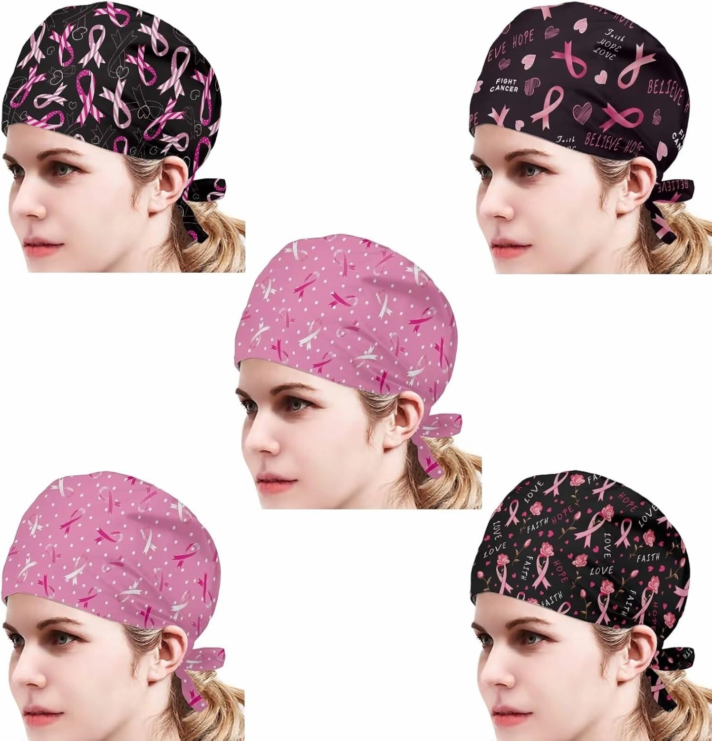 POLERO Holiday Scrub Hats with Sweatband Fashion Hair Covering Party Headgear Cap Set of 5