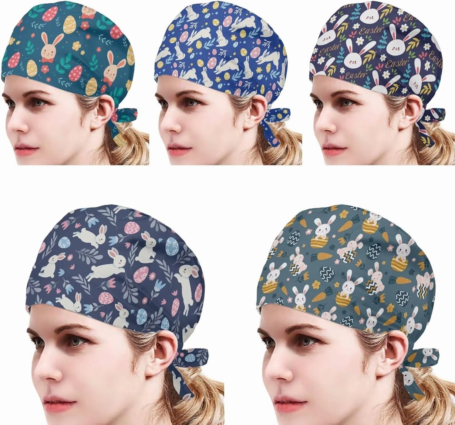 POLERO Holiday Scrub Hats with Sweatband Fashion Hair Covering Party Headgear Cap Set of 5