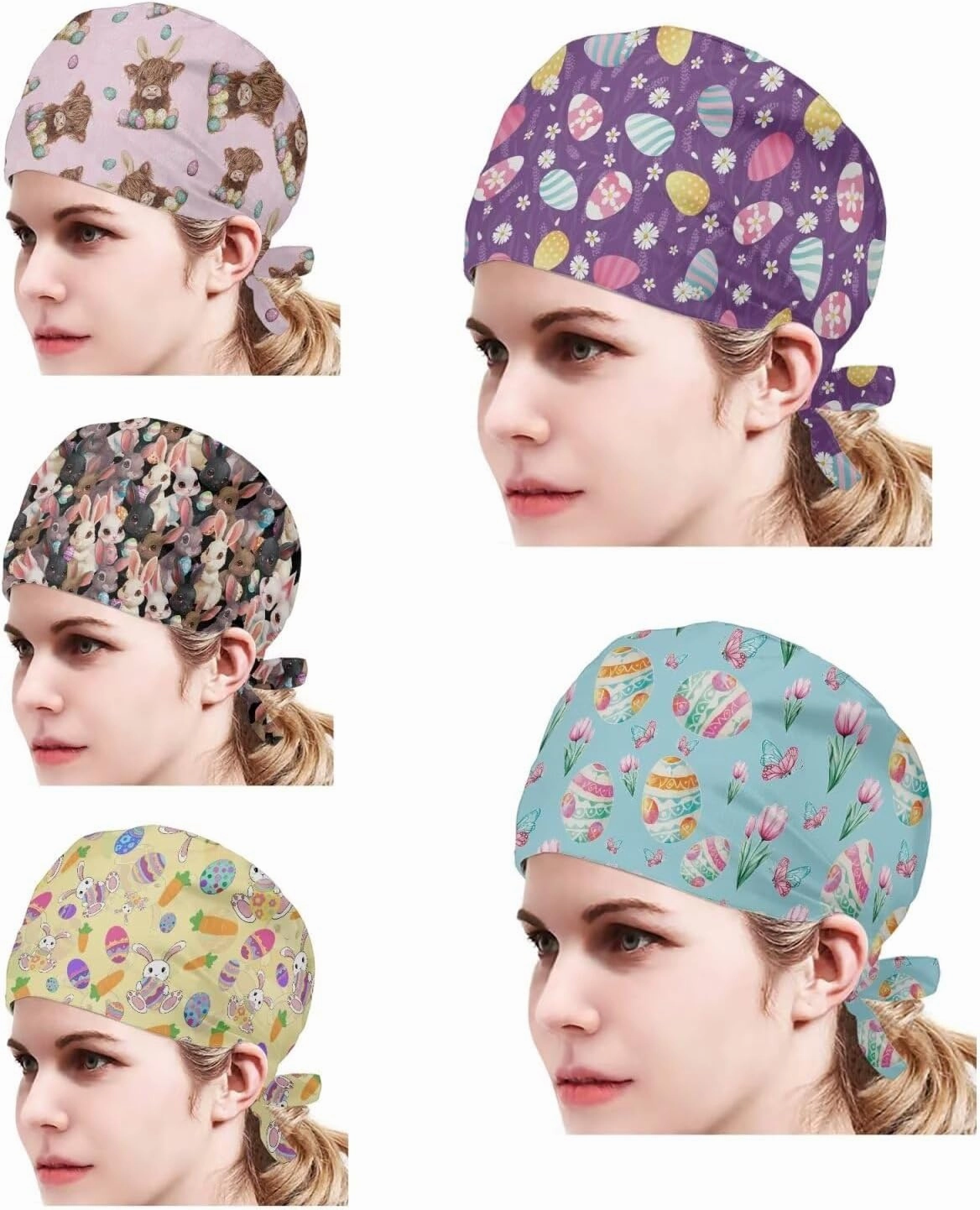 POLERO Holiday Scrub Hats with Sweatband Fashion Hair Covering Party Headgear Cap Set of 5