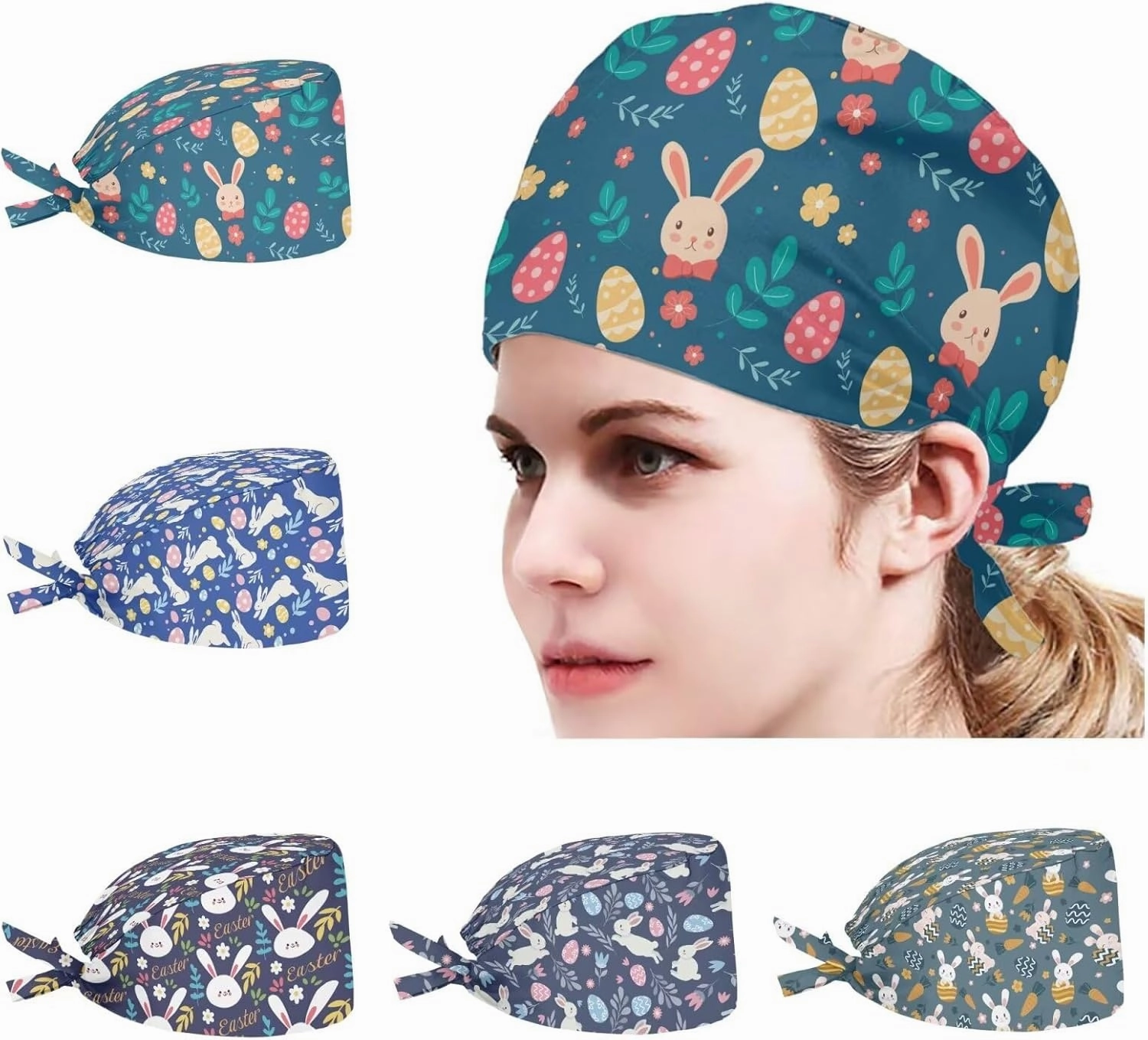 POLERO Holiday Scrub Hats with Sweatband Fashion Hair Covering Party Headgear Cap Set of 5