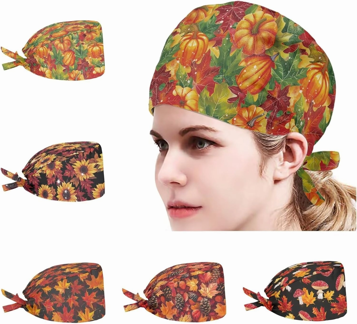 POLERO Holiday Scrub Hats with Sweatband Fashion Hair Covering Party Headgear Cap Set of 5