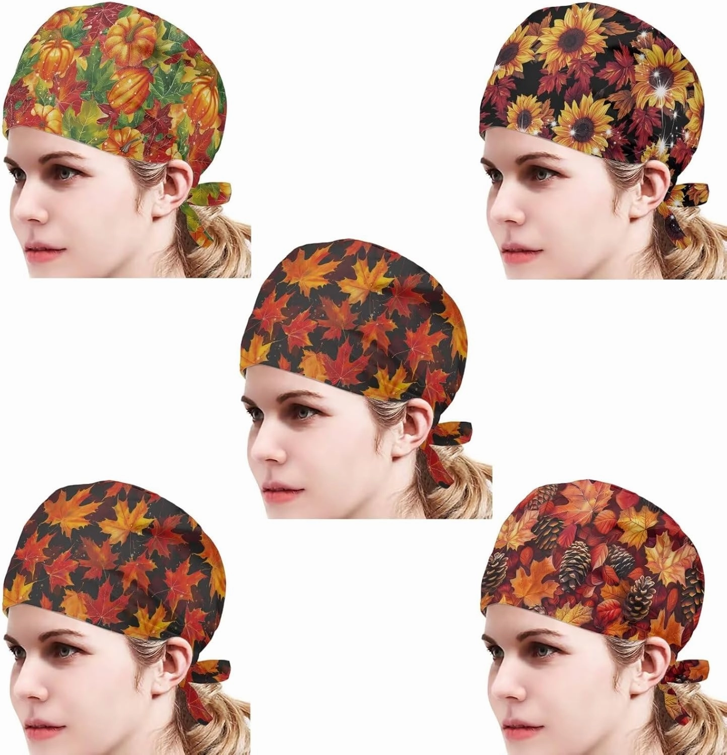 POLERO Holiday Scrub Hats with Sweatband Fashion Hair Covering Party Headgear Cap Set of 5