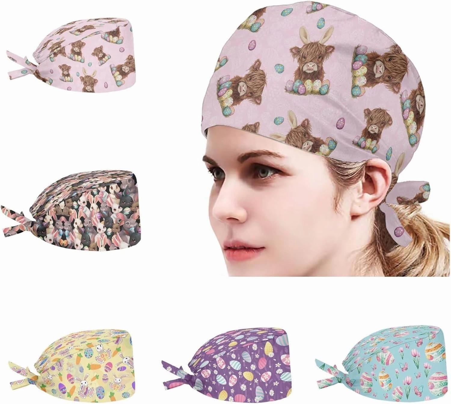 POLERO Holiday Scrub Hats with Sweatband Fashion Hair Covering Party Headgear Cap Set of 5