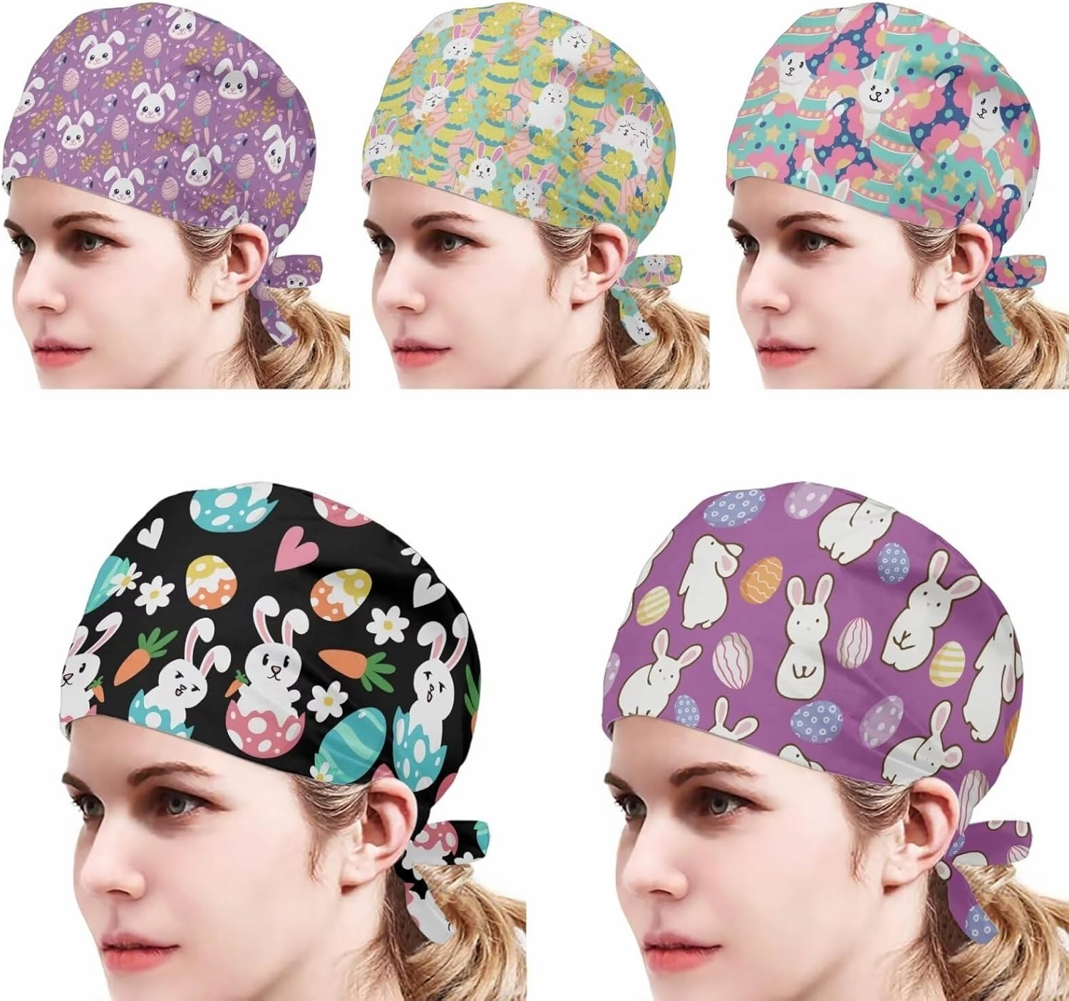 POLERO Holiday Scrub Hats with Sweatband Fashion Hair Covering Party Headgear Cap Set of 5