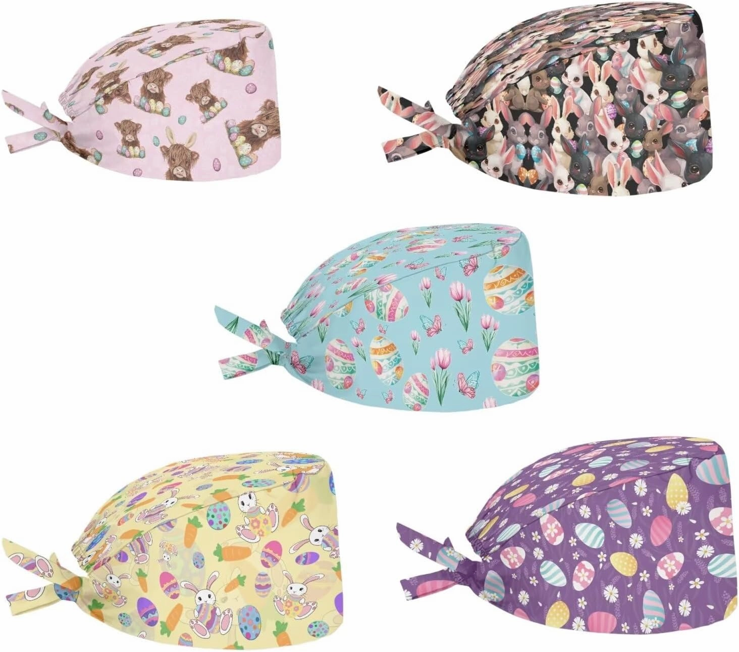 POLERO Holiday Scrub Hats with Sweatband Fashion Hair Covering Party Headgear Cap Set of 5