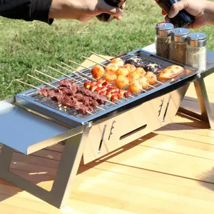 Portable Camping BBQ Grill 3 Hight Adjustable Stainless Steel Folding Charcoal Stove with Grill Gloves Carry Bag Portable Camping Stove Portable Grill Camping Grill Portable