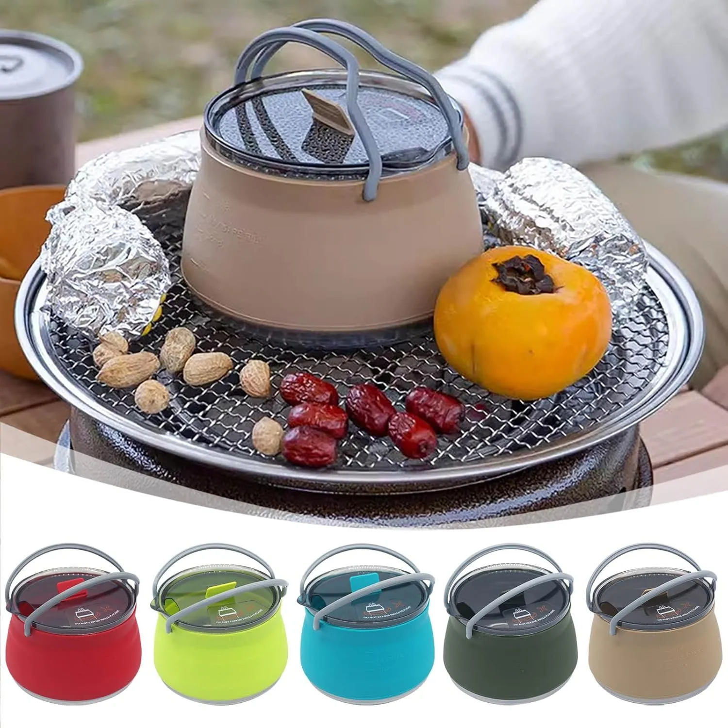 Portable Foldable Camping Cooking Pots, Backpacking Silicone Stove with Lid, Lightweight Camping Cookware for Indoor Home Kitchen Outdoor Travel Outdoor Hiking Camping (Khaki)