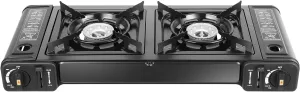 Portable Propane Camping Stove with 2 Burners, Grill Tray, and Adjustable Heat for Outdoor Cooking and Boiling