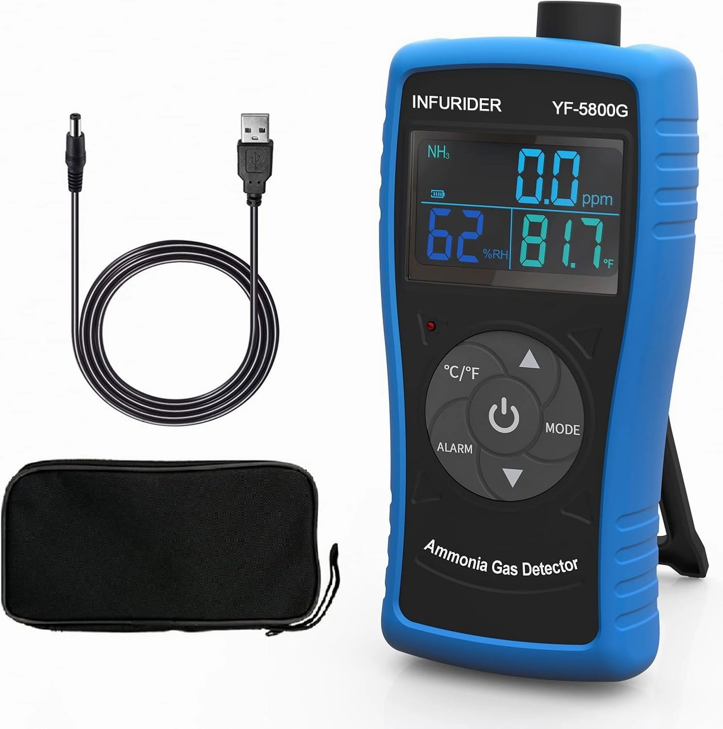 Portable Ammonia Gas Detector, USB Rechargeable NH3 Gas Monitor with Audible & Visual Alarm, Ammonia Meter Range 0-100ppm with 0.1ppm Resolution for Farm, Pig & Livestock(INFURIDER YF-5800G)