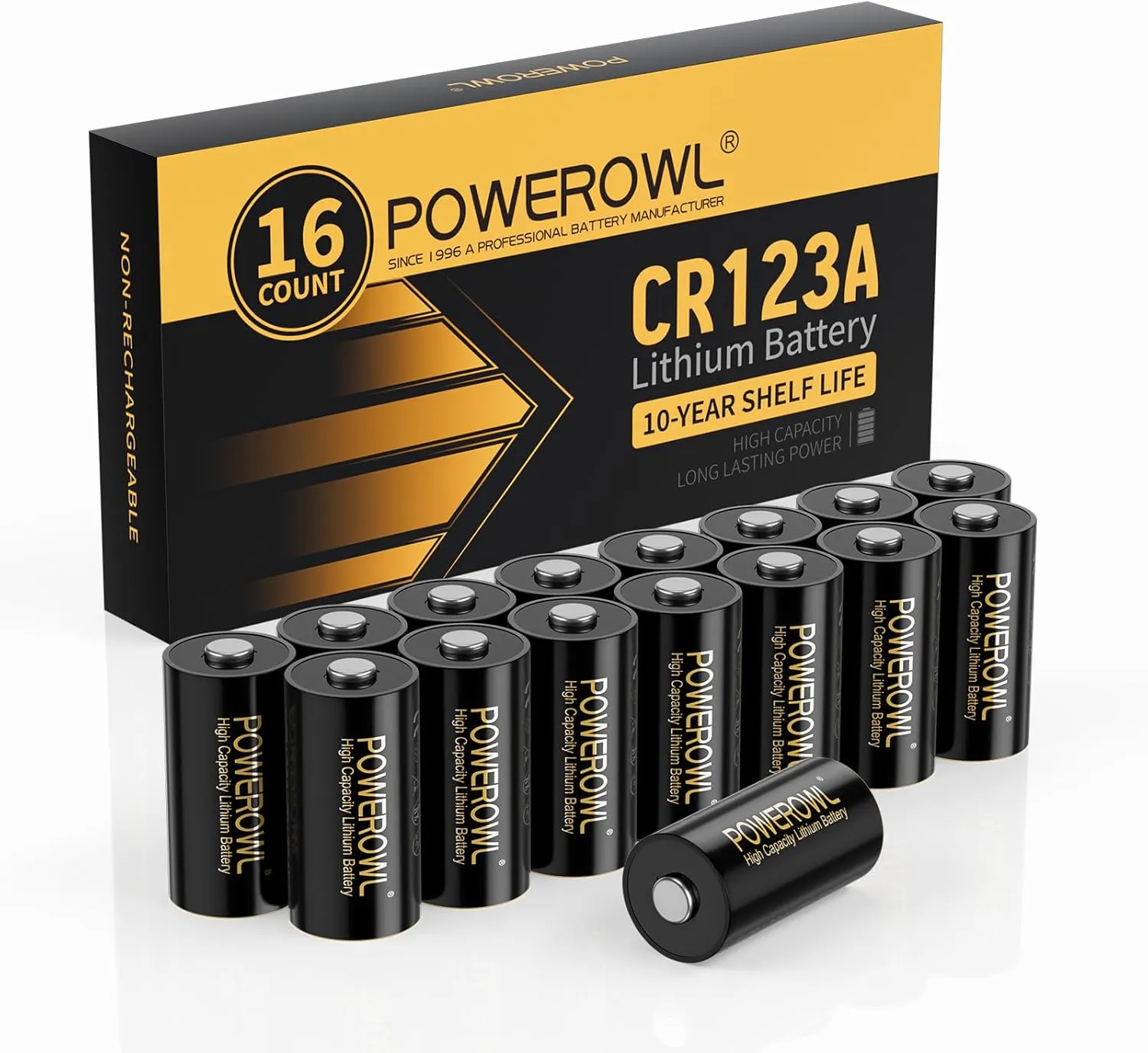 POWEROWL 123A 3V Lithium Battery 16 Count, High Capacity Cr123A 123 C123 CR17345 Batteries for Flashlight Camera Sensor