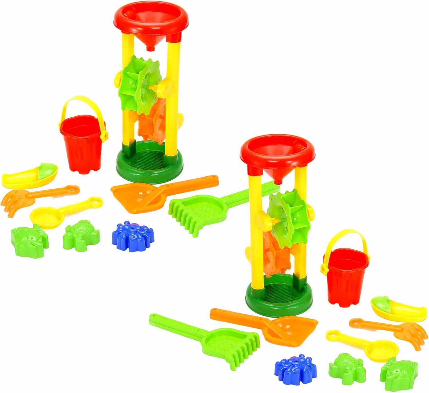 PowerTRC 2 Sets Sand Water Wheel Beach Toy Play Set for Kids | 3 Molds, Shovels, Bucket, Rakes & Sailboat (10 Pcs)