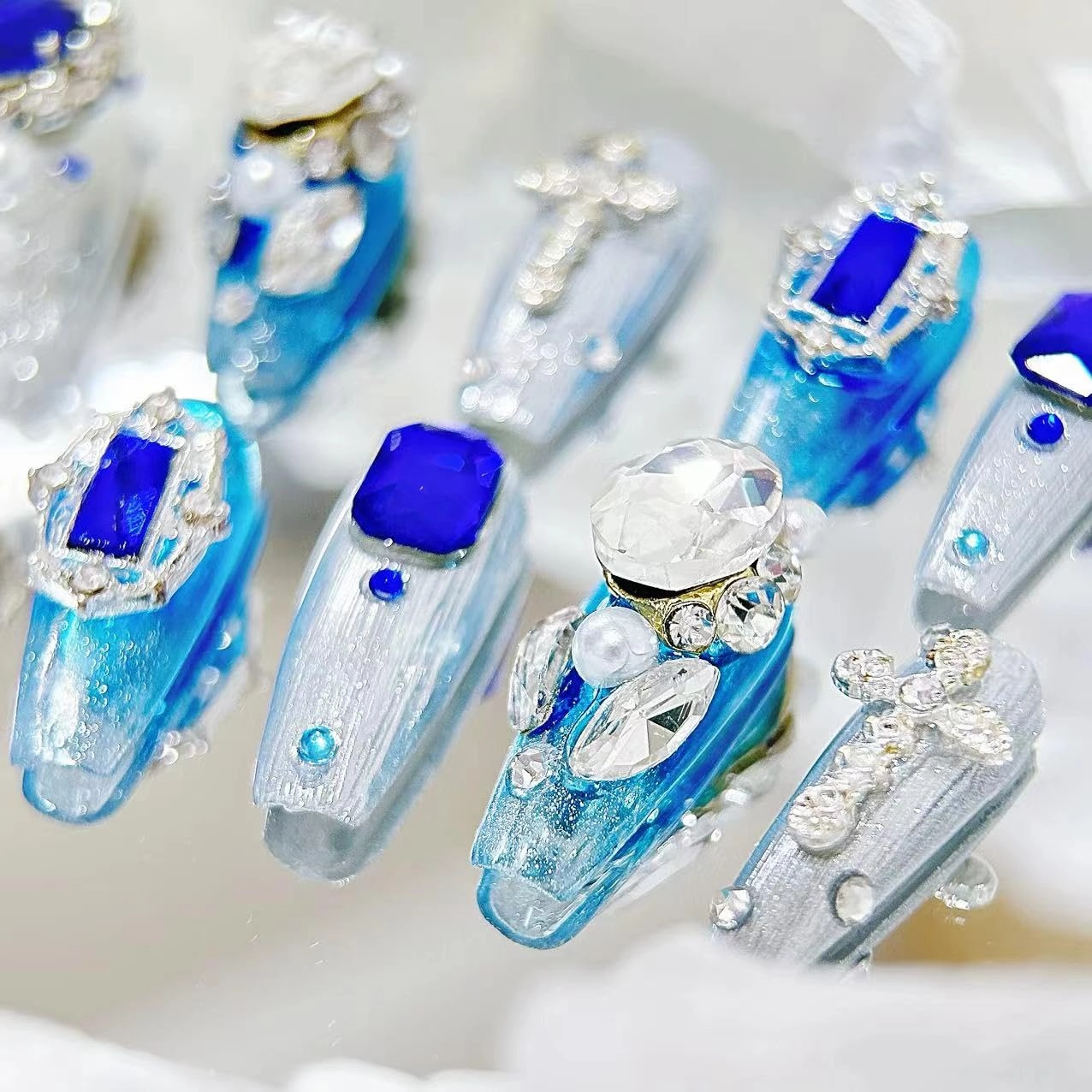 Press on Nails Fake Nails Handmade Luxury Acrylic Material Medium Coffin Reusable Goth Nail Kit with Nail Glue for Women and Girls 10pcs (Blue Gem-M, One Size)