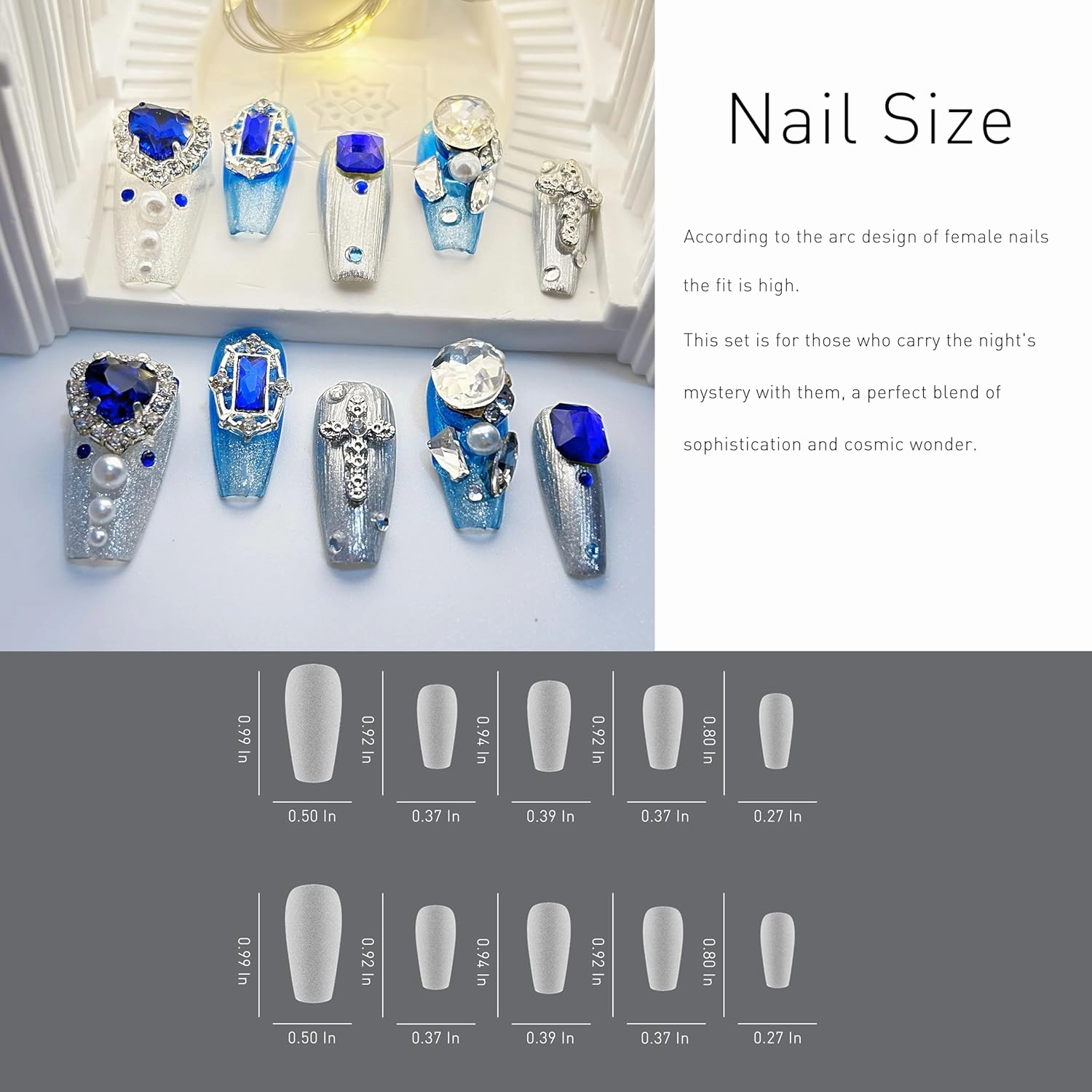 Press on Nails Fake Nails Handmade Luxury Acrylic Material Medium Coffin Reusable Goth Nail Kit with Nail Glue for Women and Girls 10pcs (Blue Gem-M, One Size)