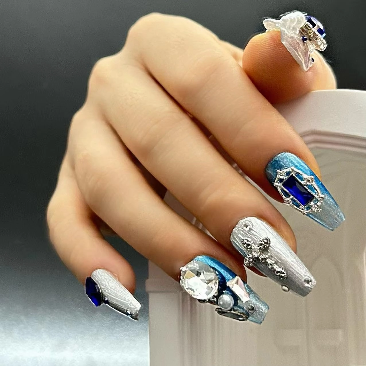 Press on Nails Fake Nails Handmade Luxury Acrylic Material Medium Coffin Reusable Goth Nail Kit with Nail Glue for Women and Girls 10pcs (Blue Gem-M, One Size)