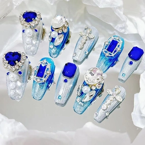 Press on Nails Fake Nails Handmade Luxury Acrylic Material Medium Coffin Reusable Goth Nail Kit with Nail Glue for Women and Girls 10pcs (Blue Gem-M, One Size)