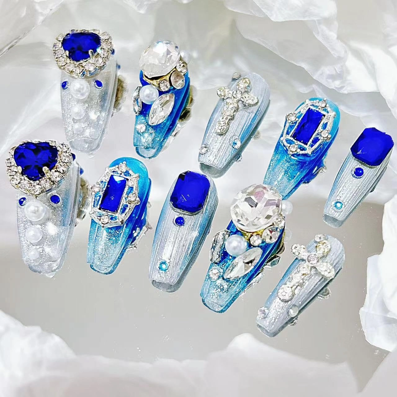 Press on Nails Fake Nails Handmade Luxury Acrylic Material Medium Coffin Reusable Goth Nail Kit with Nail Glue for Women and Girls 10pcs (Blue Gem-M, One Size)