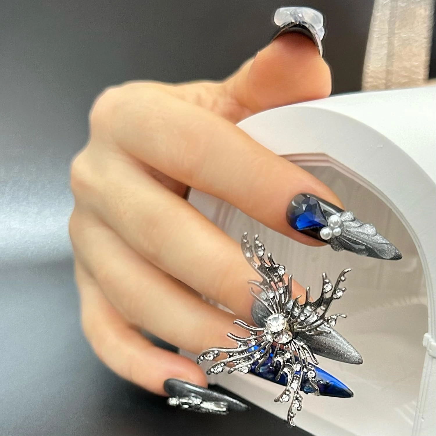 Press on Nails Handmade Luxury Long Style Almond Reusable Halloween Goth Nail for Women and Girls 11pcs (Blue Butterfly-S, One Size)