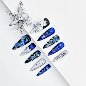 Press on Nails Handmade Luxury Long Style Almond Reusable Halloween Goth Nail for Women and Girls 11pcs (Blue Butterfly-S, One Size)
