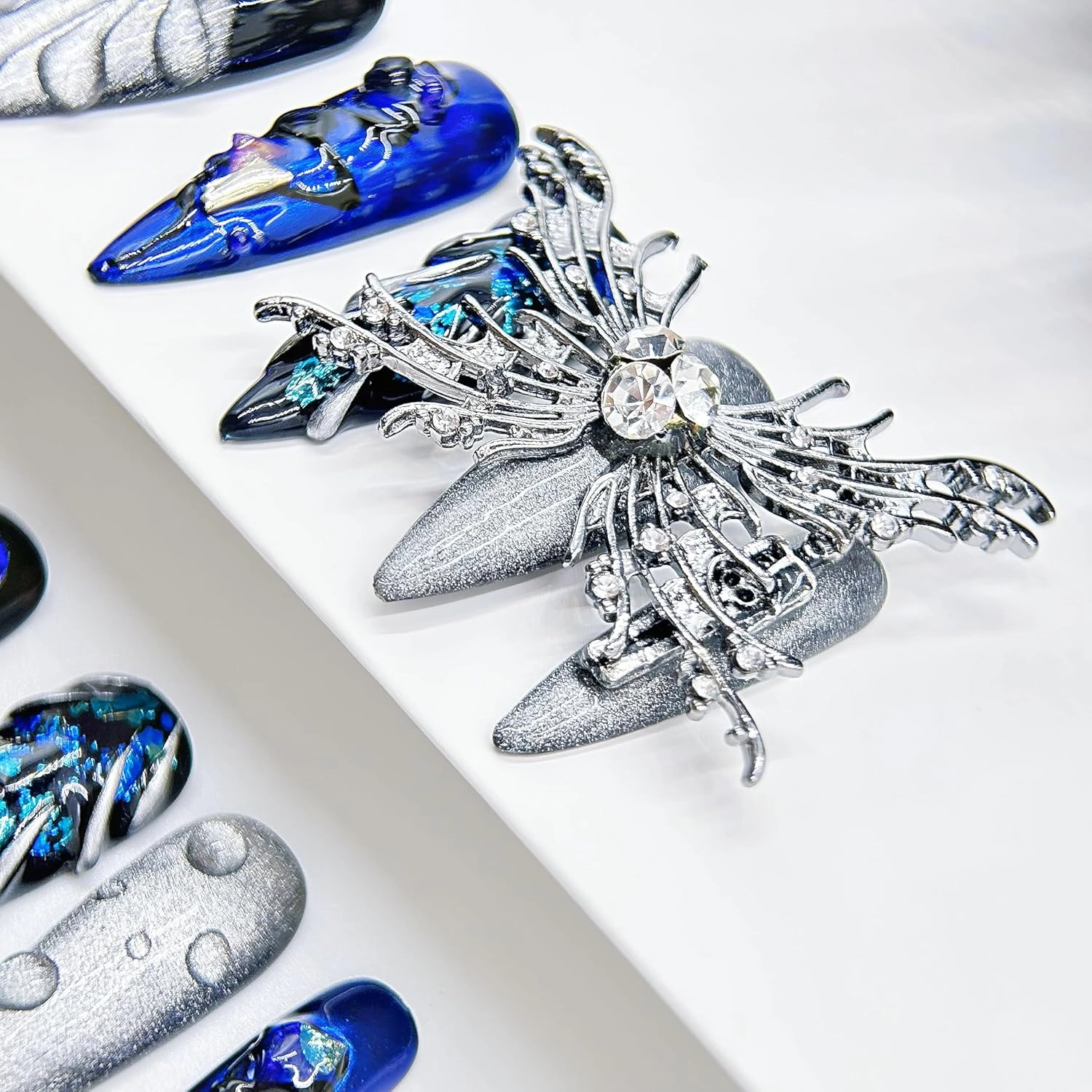 Press on Nails Handmade Luxury Long Style Almond Reusable Halloween Goth Nail for Women and Girls 11pcs (Blue Butterfly-S, One Size)