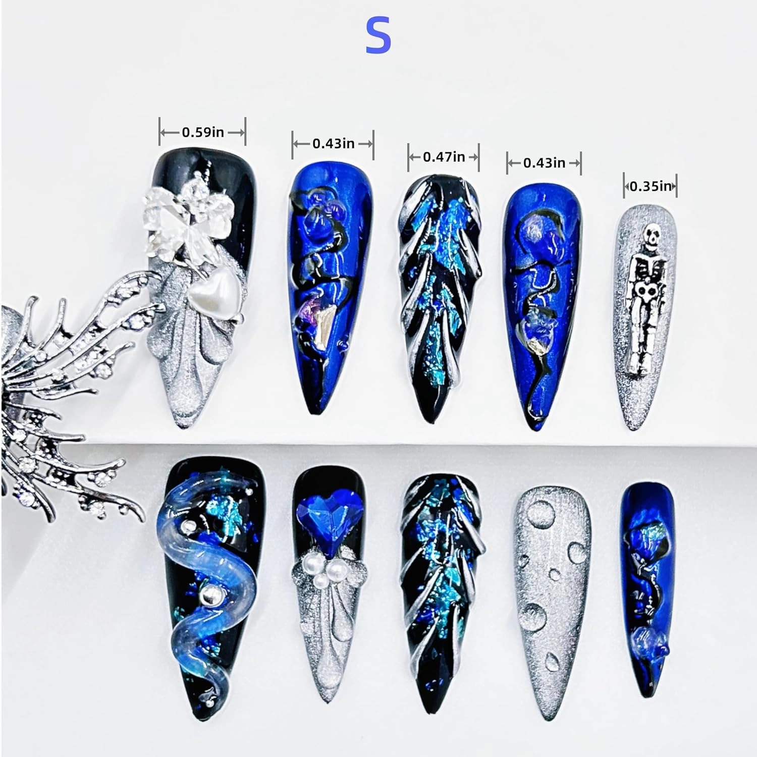 Press on Nails Handmade Luxury Long Style Almond Reusable Halloween Goth Nail for Women and Girls 11pcs (Blue Butterfly-S, One Size)