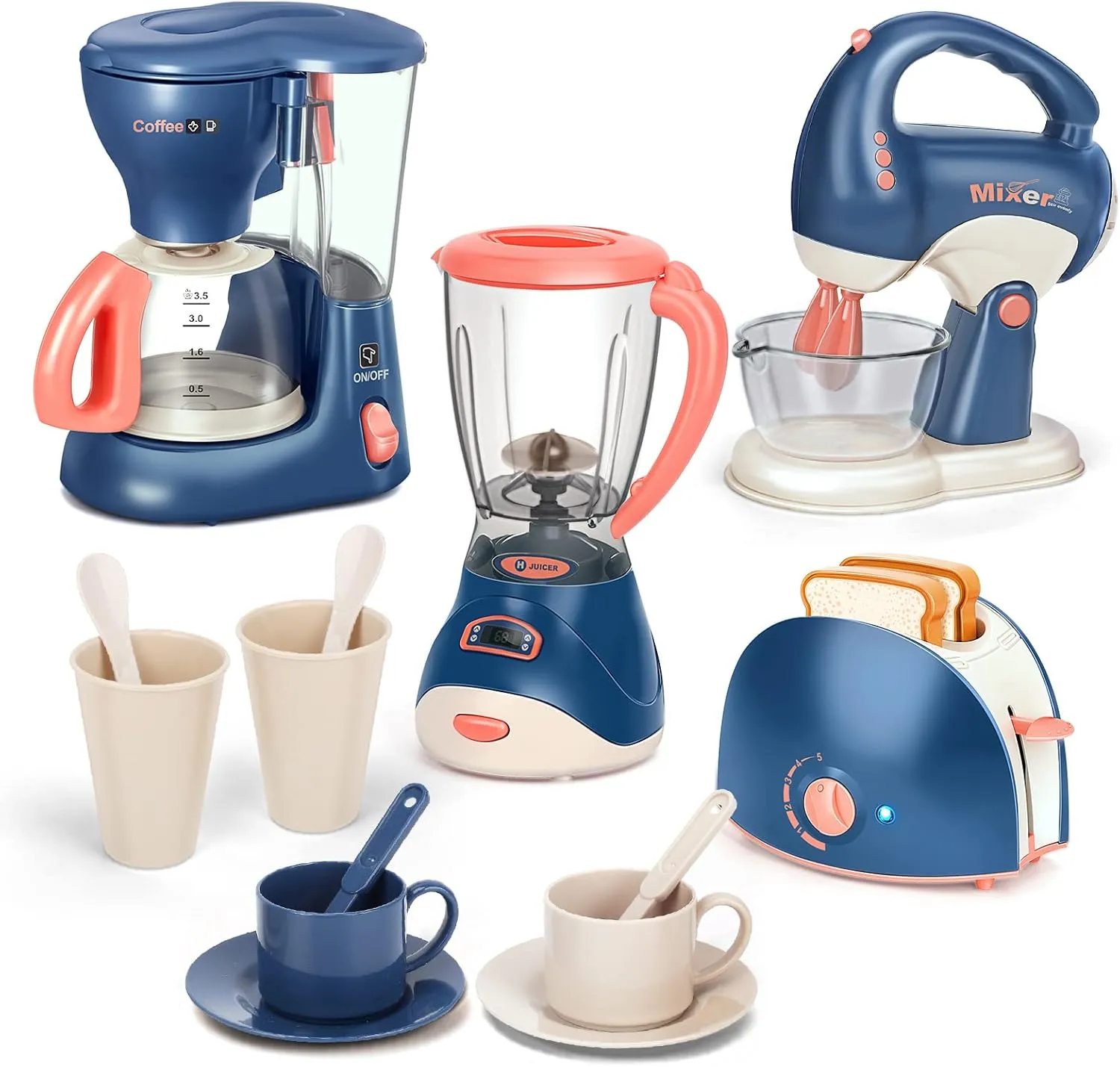 Pretend Play Kitchen Appliances Toy Set with Coffee Maker Machine,Blender, Mixer and Toaster with Realistic Light and Sounds for Kids Ages 4-8