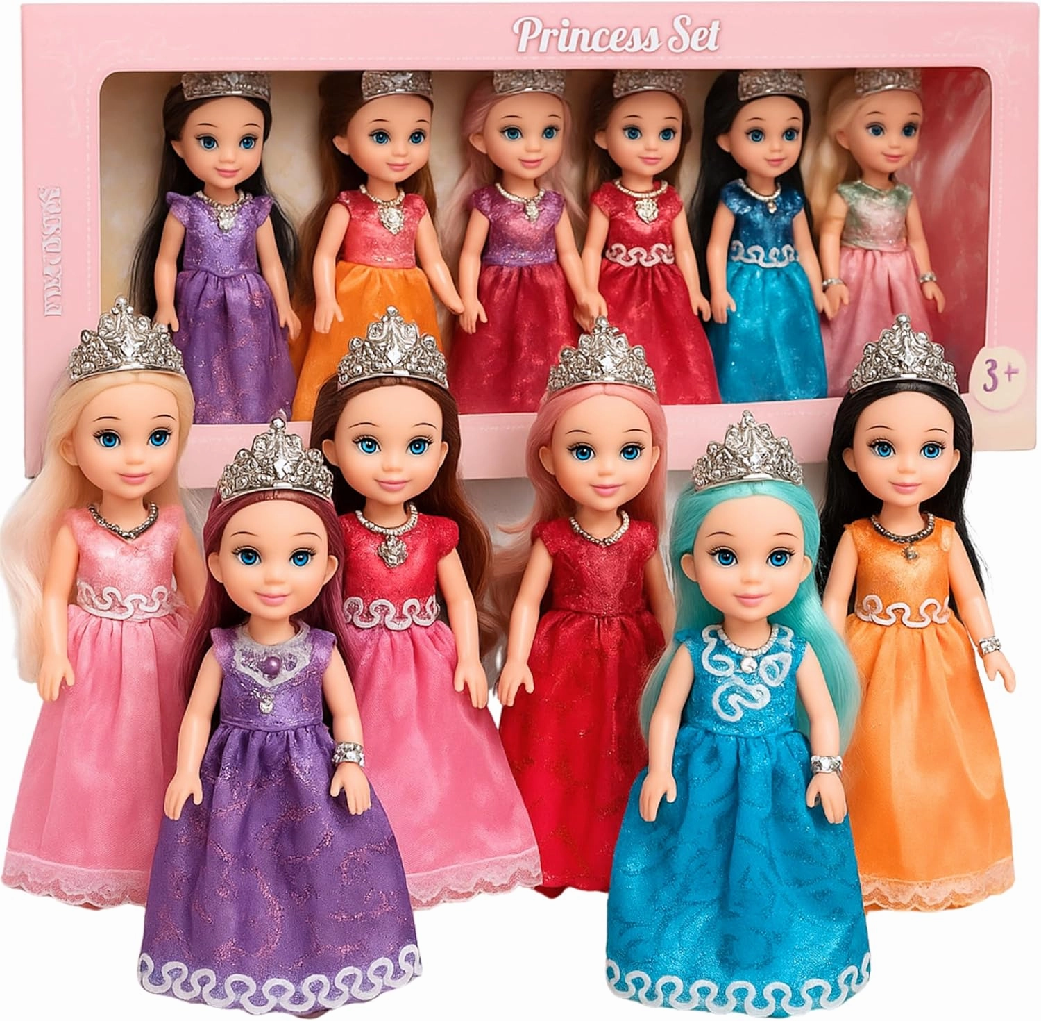 Princess Dolls Playset – 6 Mini Princess Dolls with Colorful Gowns, Crowns & Jewelry – Fantasy Role Play Set for Kids with Elegant Dresses, Accessories & Royal-Themed Box – Gift for Ages 3 