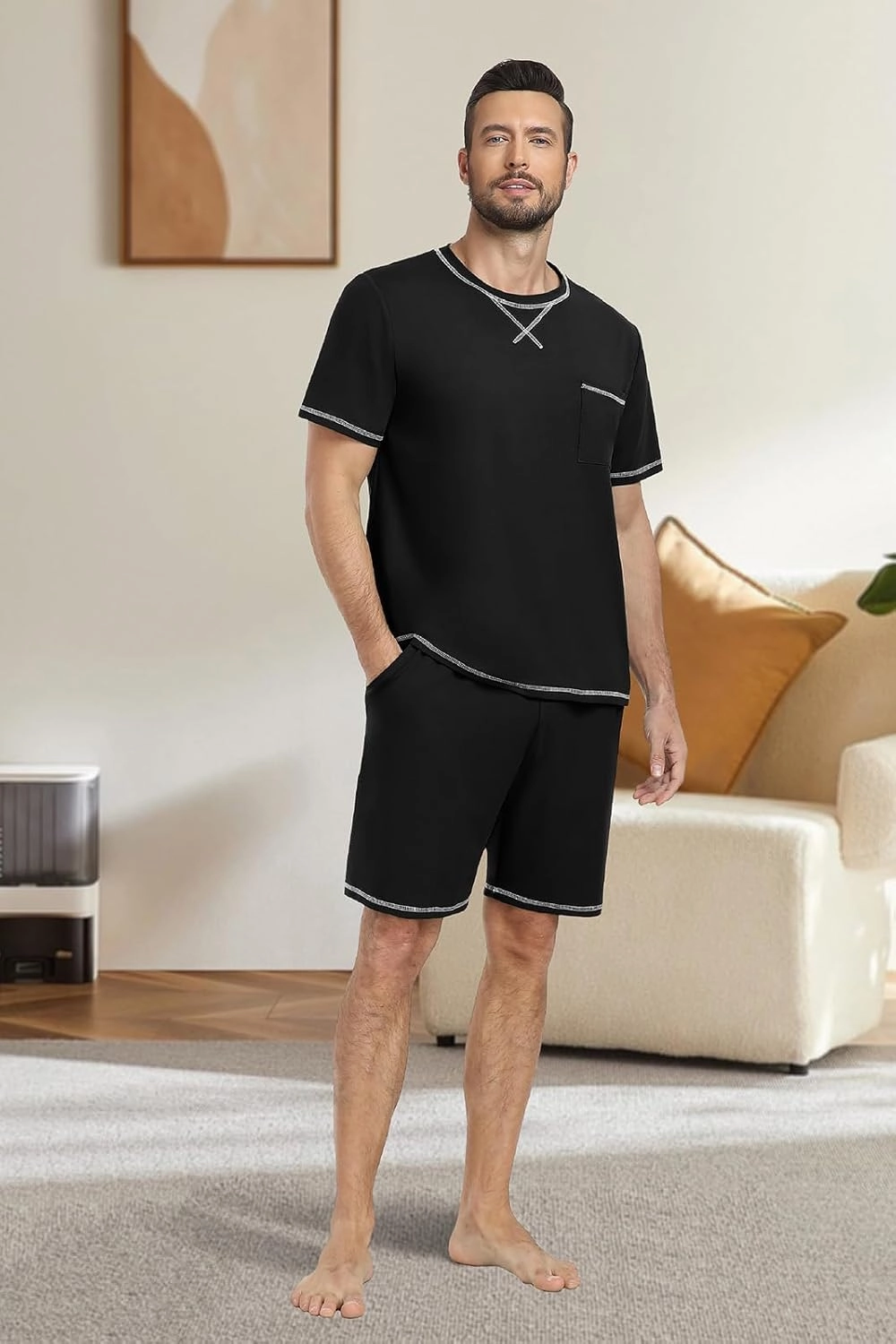 PrinStory Men's Pajamas Set Sleepwear Lightweight Short Sleeve Shirts and Shorts Soft 2 Piece Lounge Set Cozy Nightwear