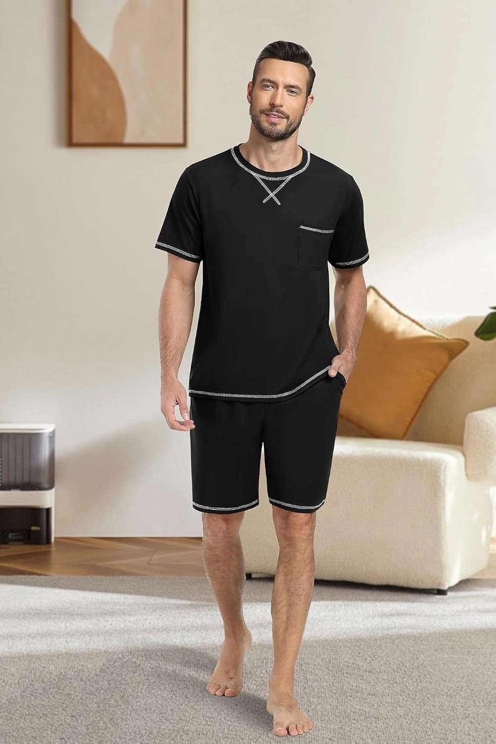 PrinStory Men's Pajamas Set Sleepwear Lightweight Short Sleeve Shirts and Shorts Soft 2 Piece Lounge Set Cozy Nightwear