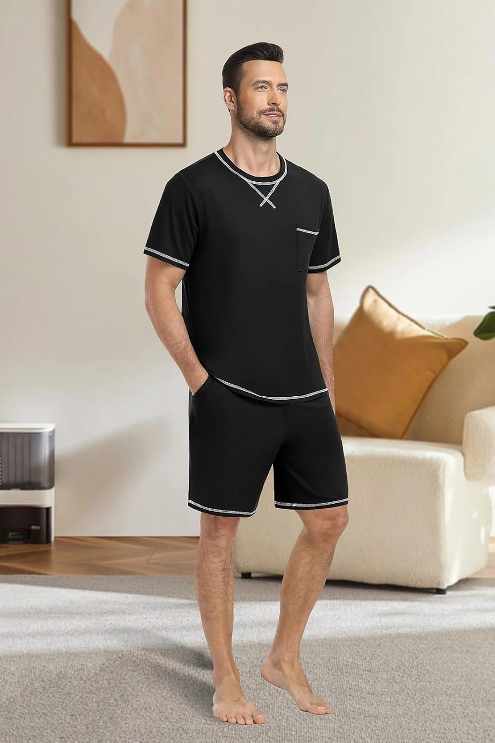PrinStory Men's Pajamas Set Sleepwear Lightweight Short Sleeve Shirts and Shorts Soft 2 Piece Lounge Set Cozy Nightwear