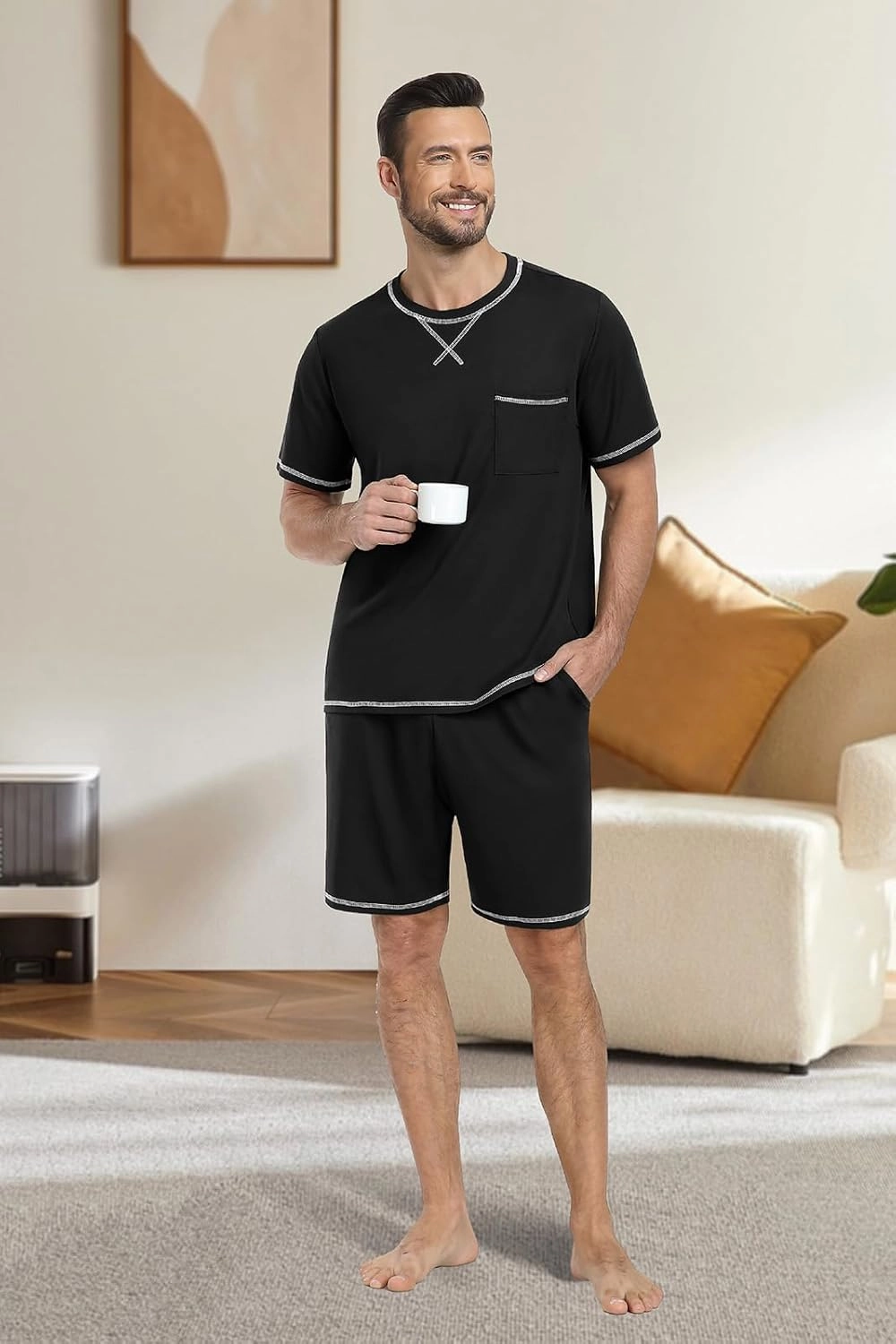 PrinStory Men's Pajamas Set Sleepwear Lightweight Short Sleeve Shirts and Shorts Soft 2 Piece Lounge Set Cozy Nightwear