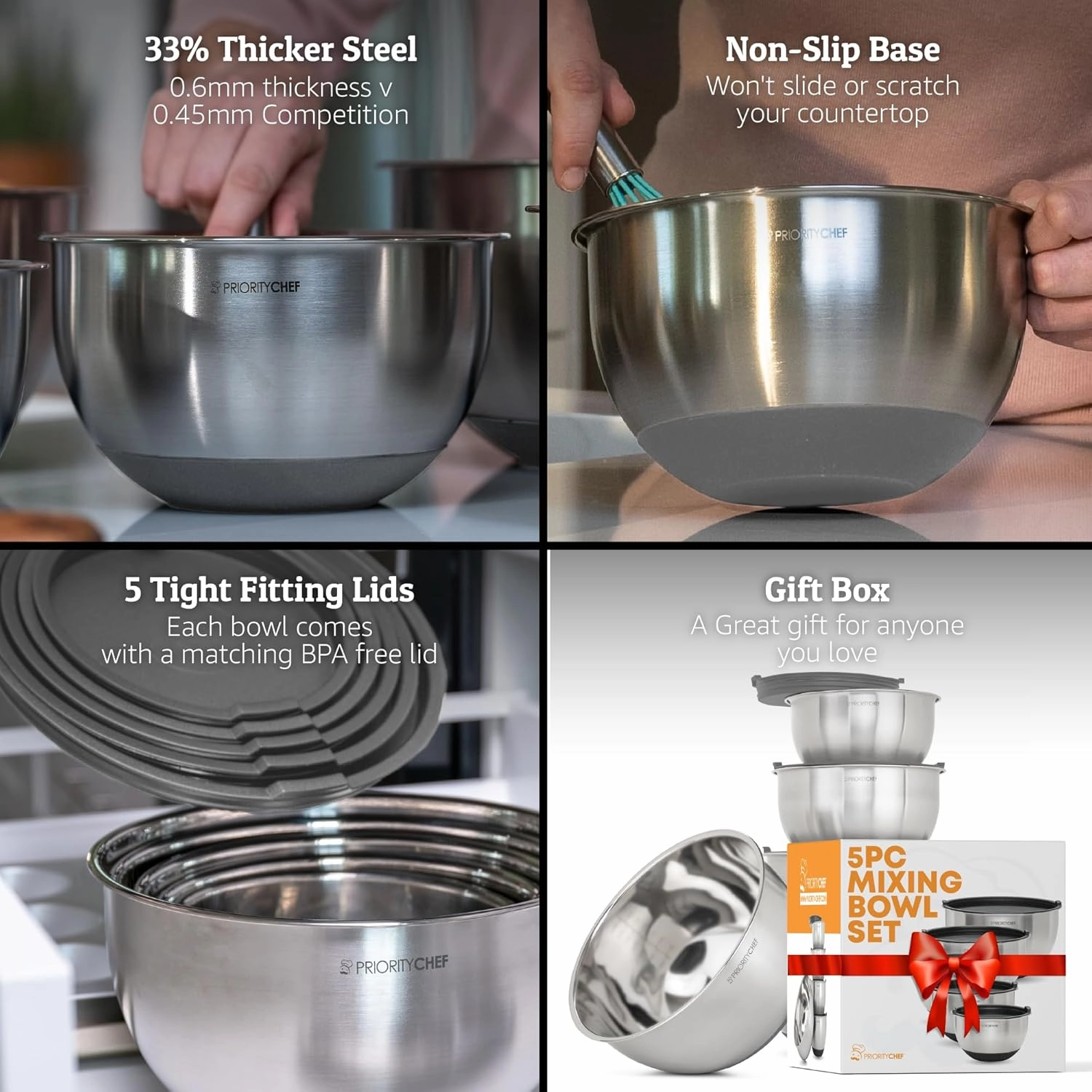 Priority Chef Premium Mixing Bowls With Airtight Lids Set, Thicker Stainless Steel Mixing Bowl Set, Large Prep Metal Bowls with Lids, Nesting Bowls for Kitchen, 1.5/2/3/4/5 Qrt, Grey