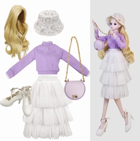 Proudoll 1/3 BJD Doll Clothes Outfit Set - Handcrafted Stylish Purple Long-Sleeve Shirt, Layered Skirt, Hat, Wig, Crossbody Bag and High Heel, Compatible with 1/3 60cm 24in SD Dolls