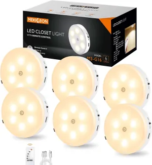 Puck Lights with Remote Control,1000mAh rechargeable under cabinet lighting,LED Closet Lights,3Pack Tap Light,Cordless Stick On Lights for Under Cabinet,Hallway, Stairway,Closet (Warm White-6PCS)
