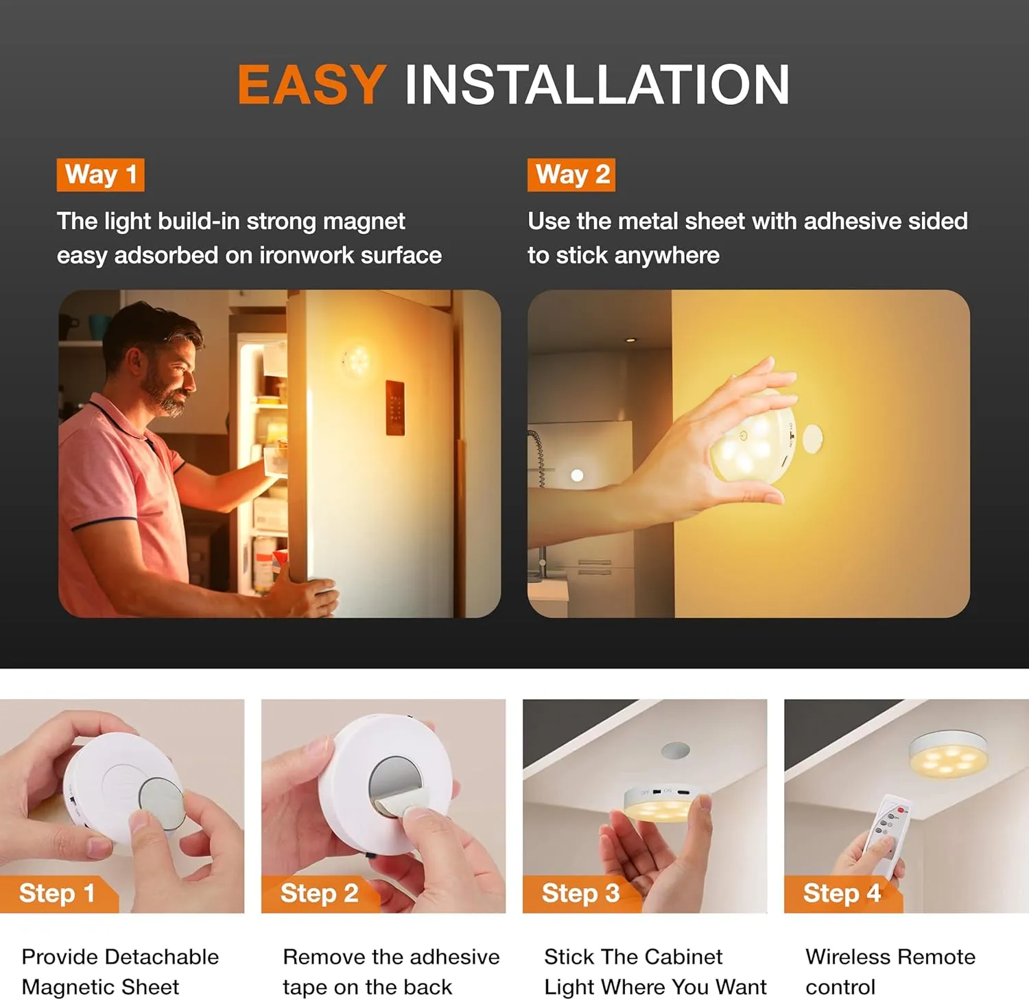 Puck Lights with Remote Control,1000mAh rechargeable under cabinet lighting,LED Closet Lights,3Pack Tap Light,Cordless Stick On Lights for Under Cabinet,Hallway, Stairway,Closet (Warm White-6PCS)