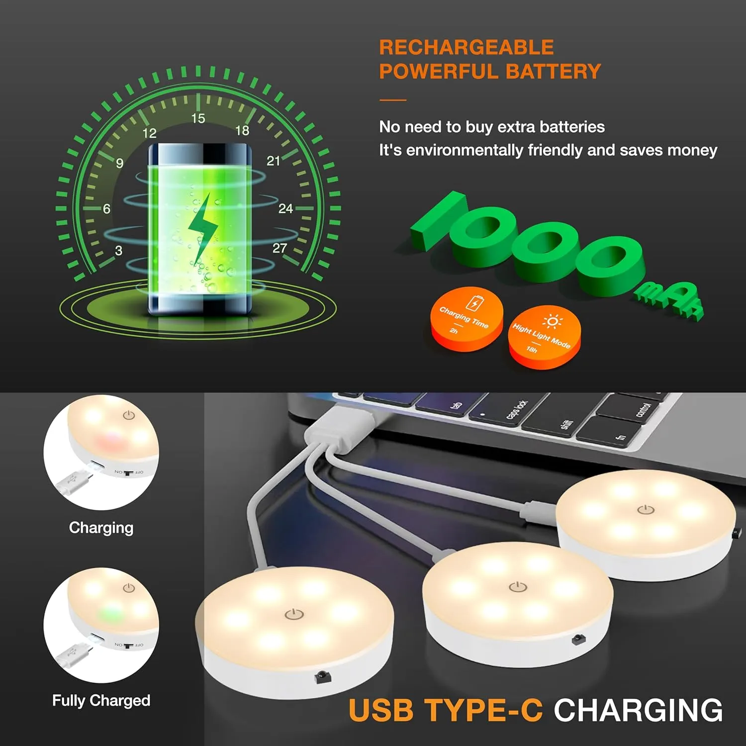 Puck Lights with Remote Control,1000mAh rechargeable under cabinet lighting,LED Closet Lights,3Pack Tap Light,Cordless Stick On Lights for Under Cabinet,Hallway, Stairway,Closet (Warm White-6PCS)